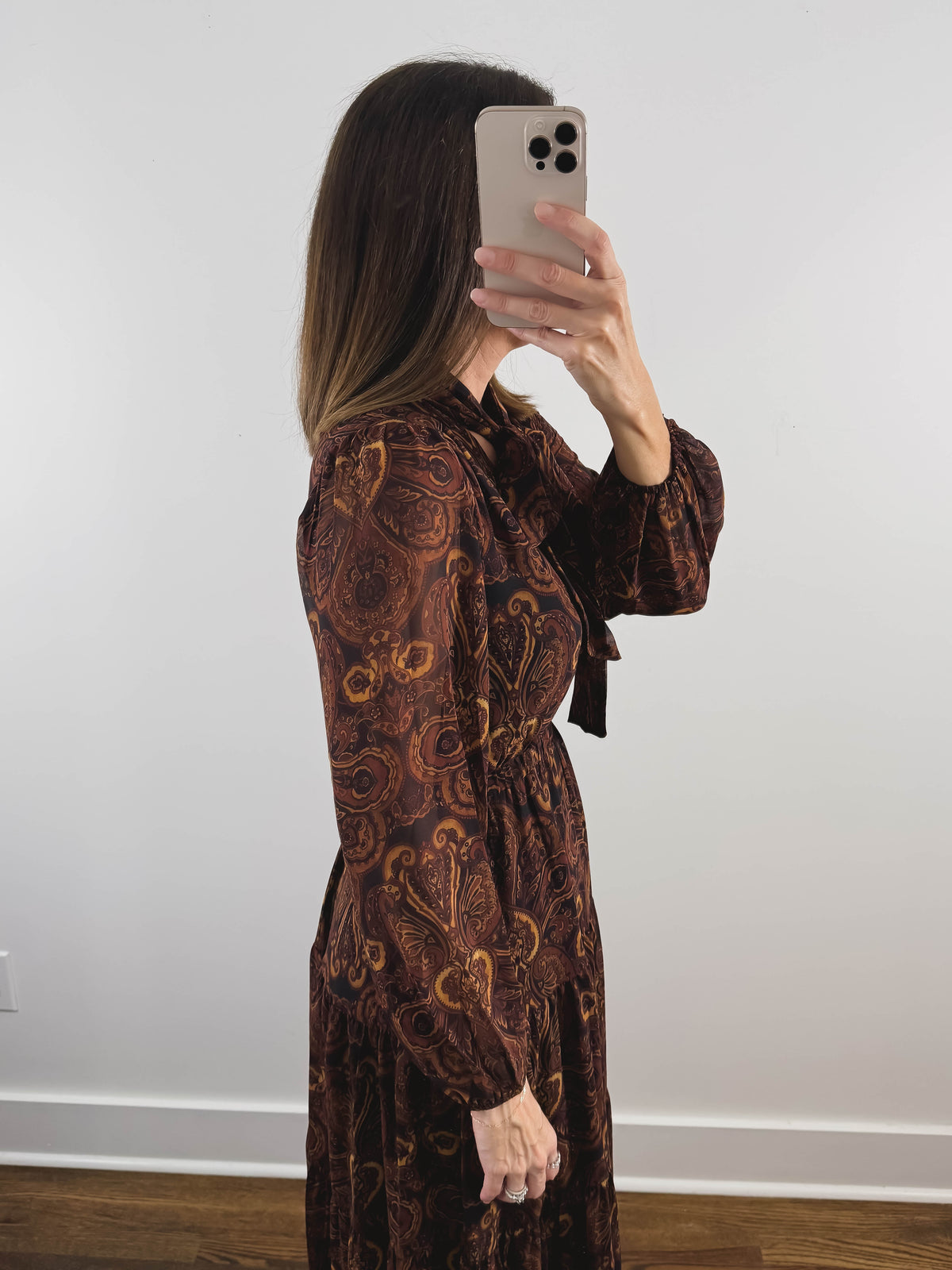 The Amaretto Dress | Brown Paisley Tie Neck Maxi Dress