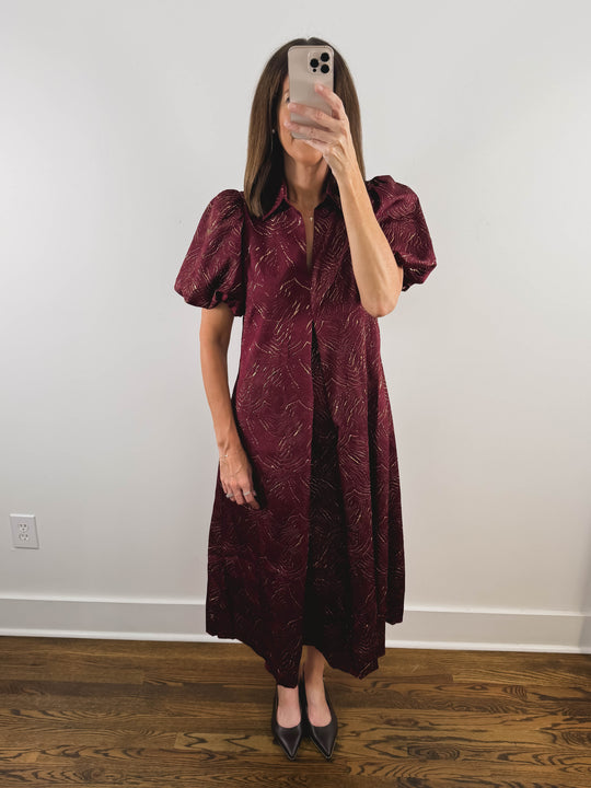 The Garnet Dress | Burgundy Puff Sleeve Midi Dress