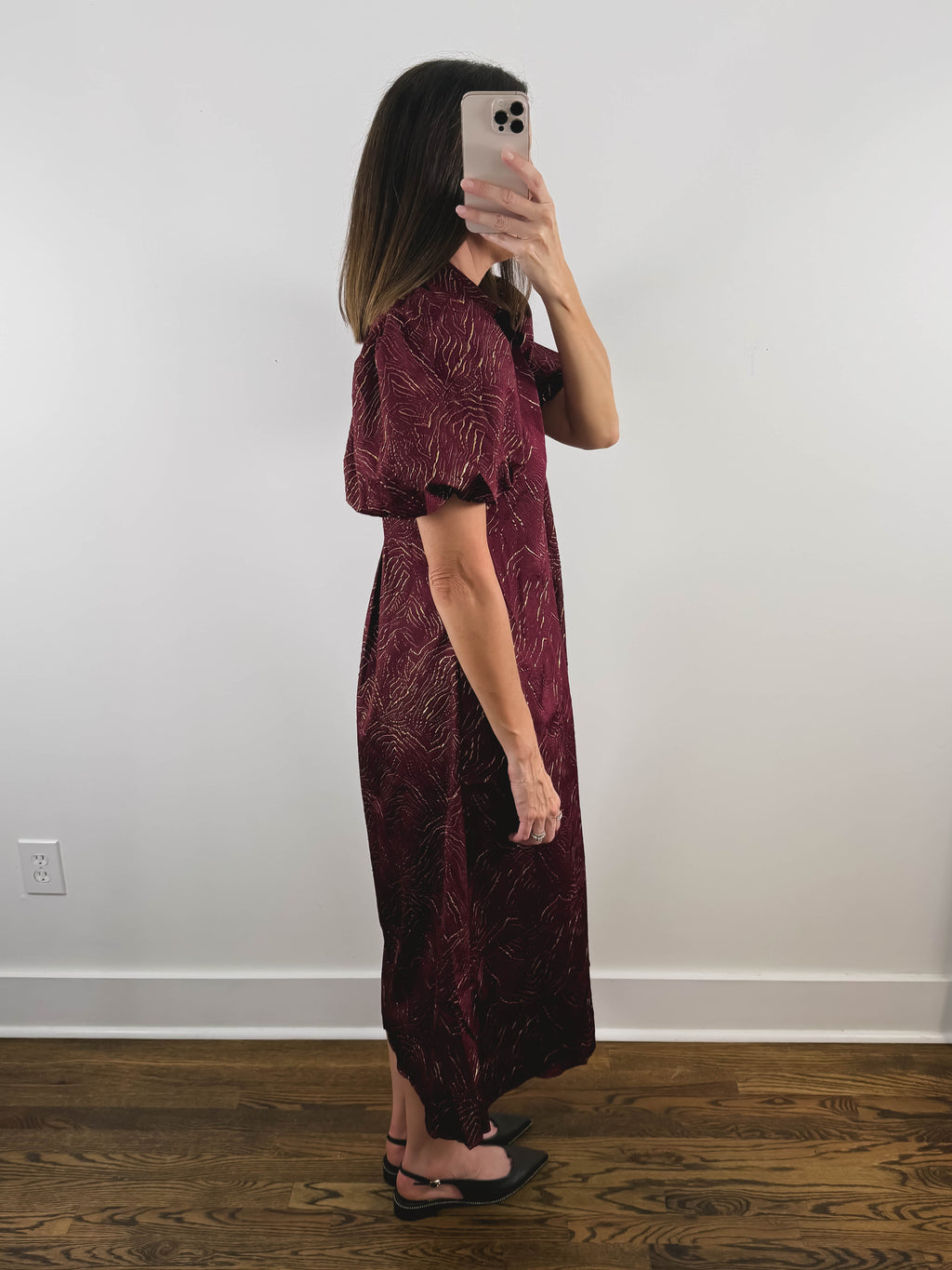 The Garnet Dress | Burgundy Puff Sleeve Midi Dress
