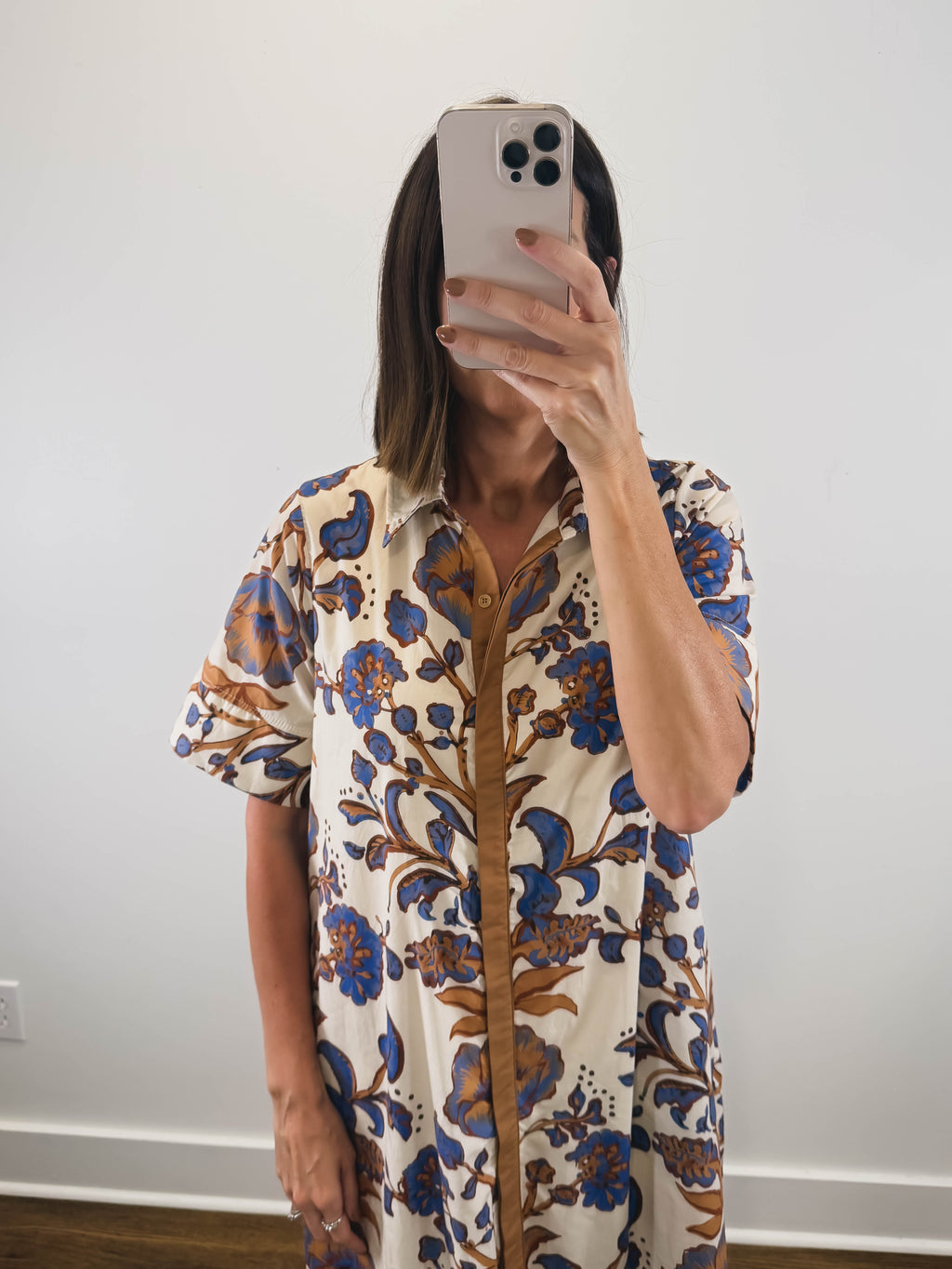 The Amber Bloom Dress | Cream Botanical Midi Shirt Dress