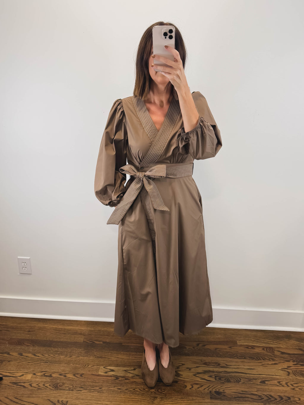 The Cognac Dress | Brown Balloon Sleeve Wrap Midi Dress