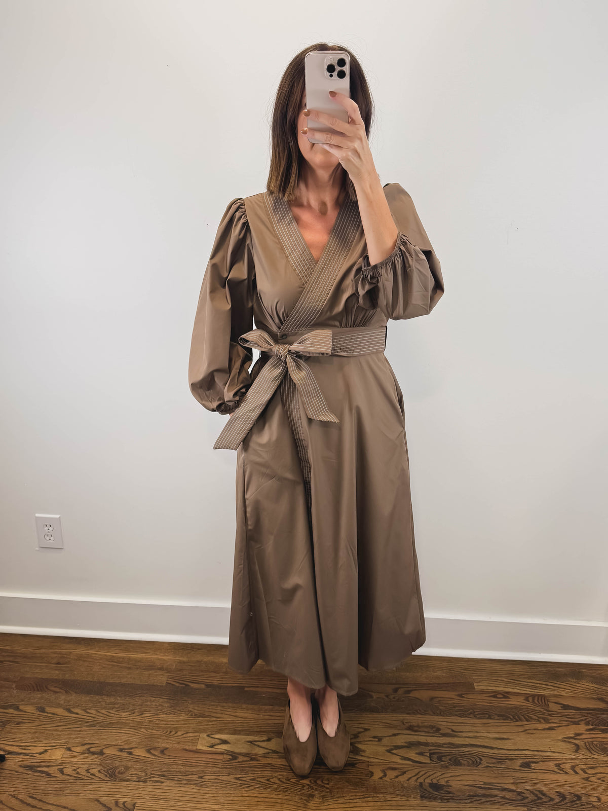 The Cognac Dress | Brown Balloon Sleeve Wrap Midi Dress