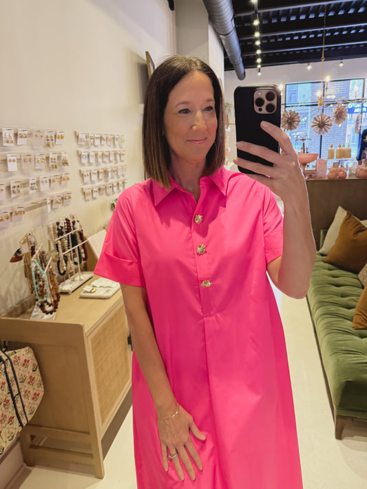 The Gold Button Dress in Hot Pink