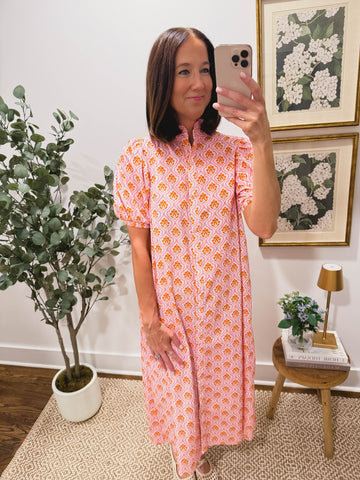 Harbor Tile Shirt Dress in Pink/Orange