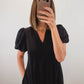 The Onyx Dress | Black Puff Sleeve Midi Dress