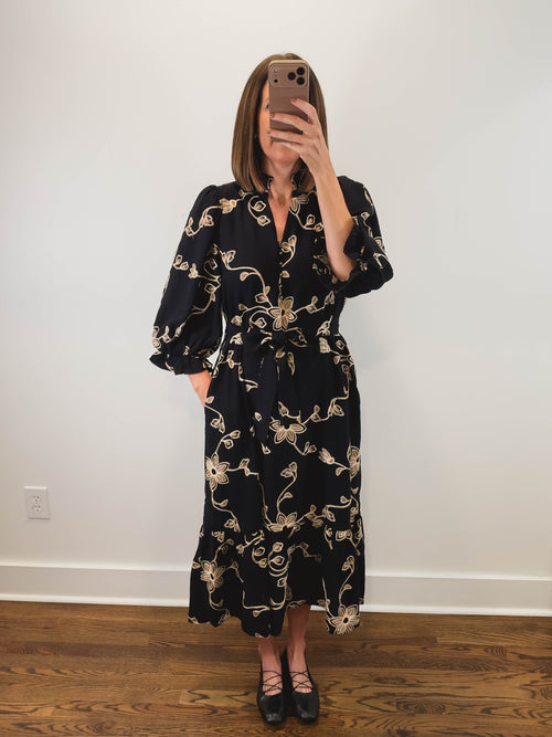 The Gilded Vine Dress | Black Embroidered Midi Dress