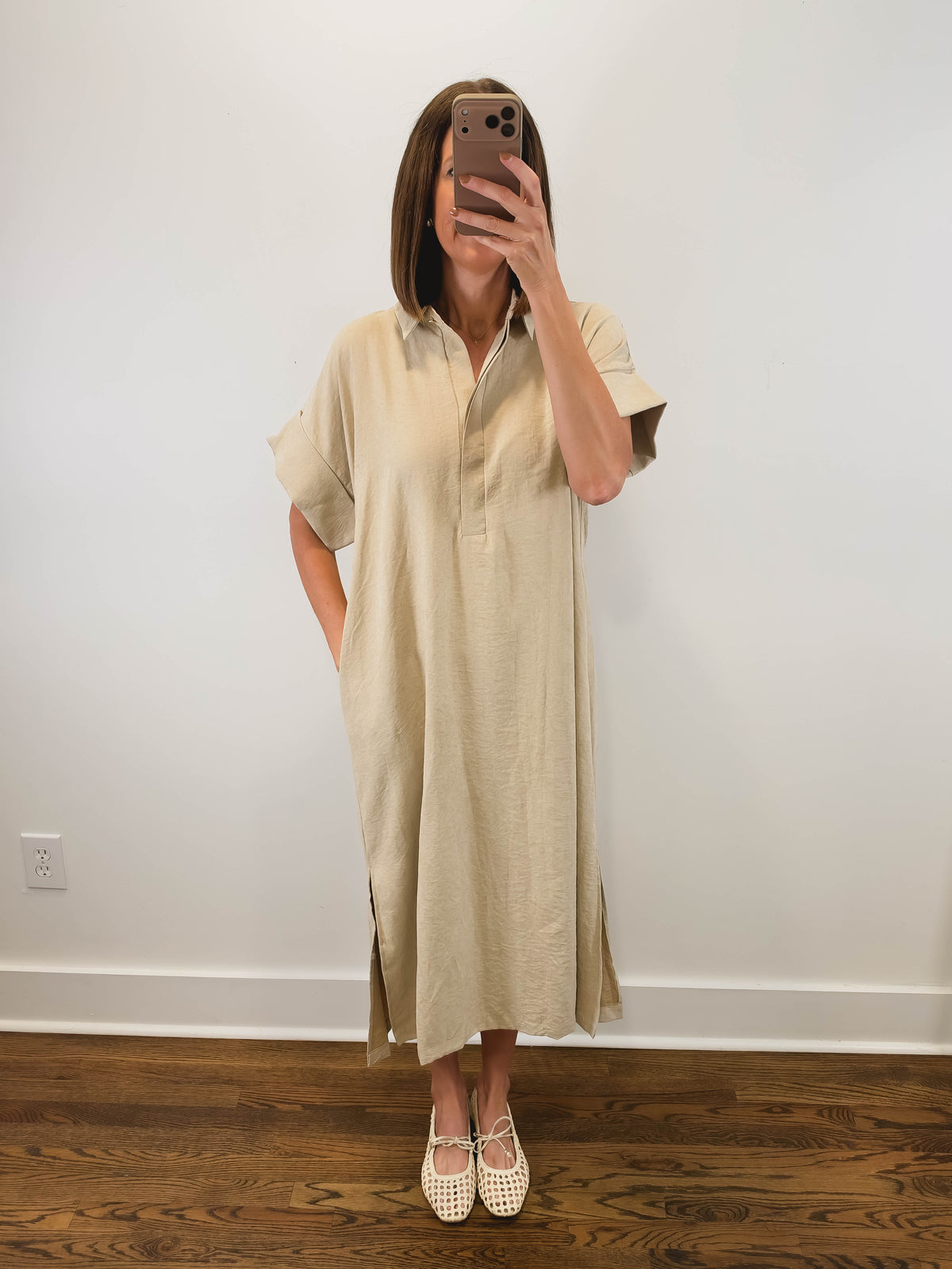The Driftwood Dress | Taupe Collared Midi Shirt Dress