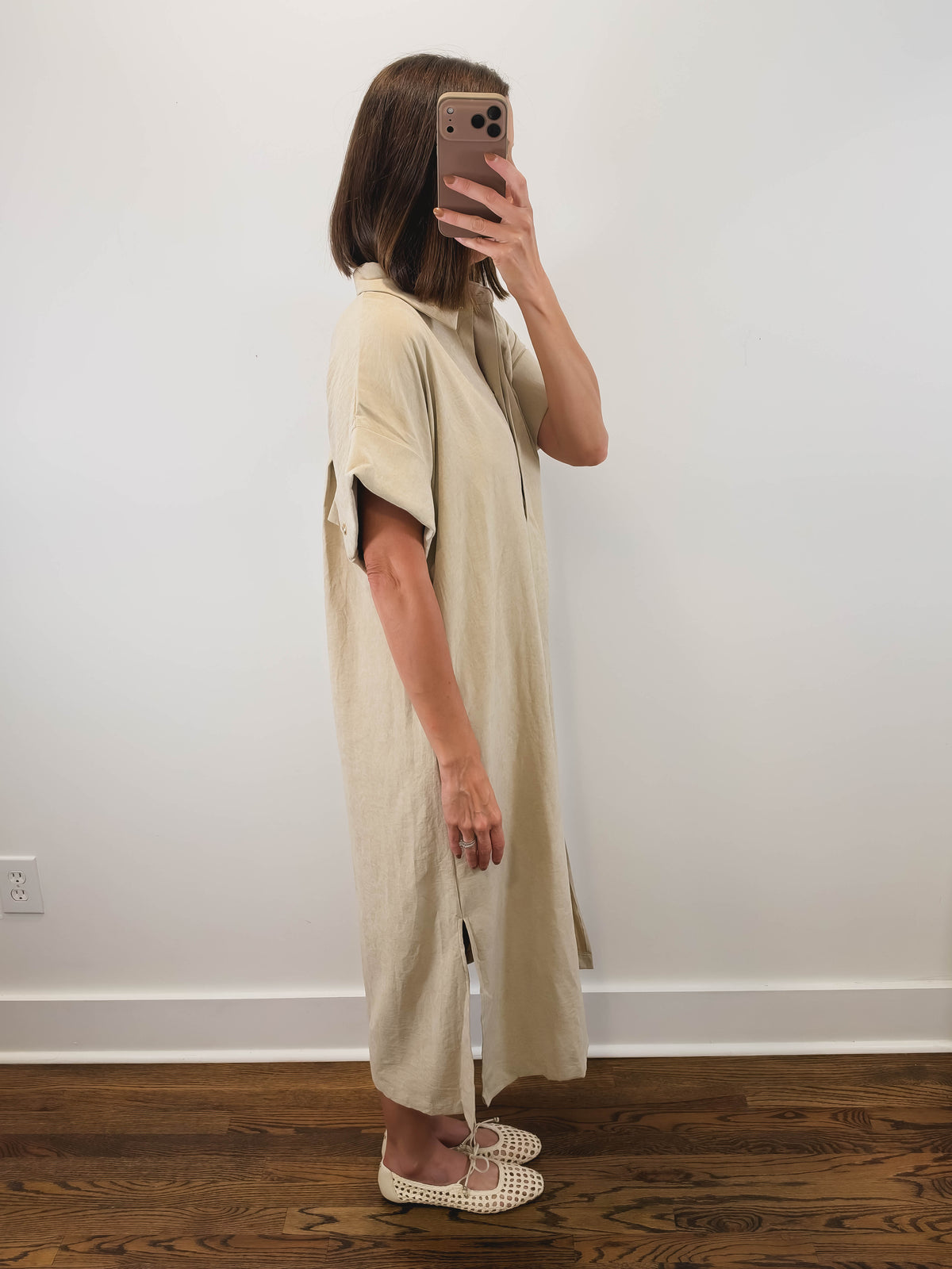 The Driftwood Dress | Taupe Collared Midi Shirt Dress