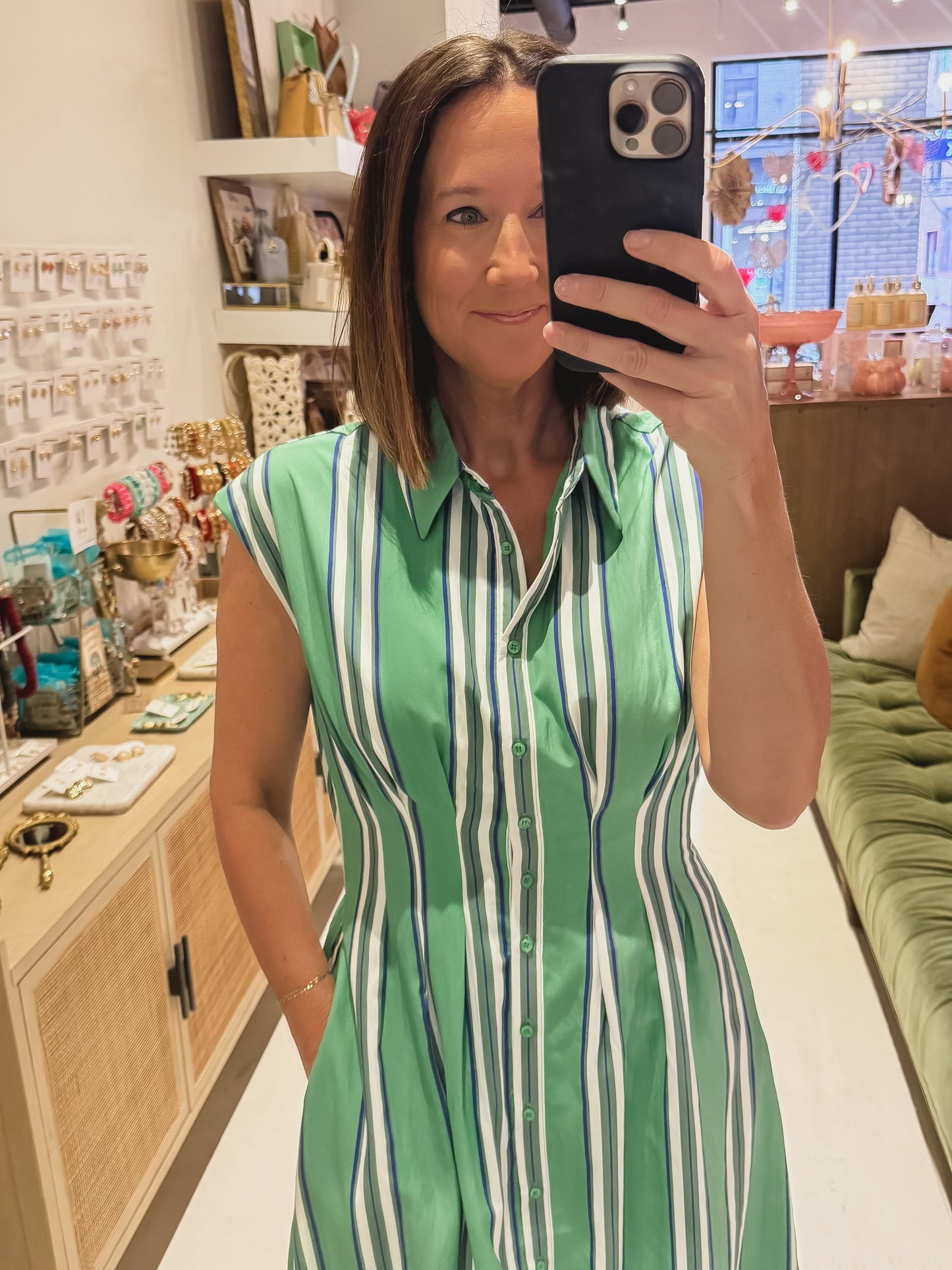 Green Striped Cap Sleeve Midi Dress