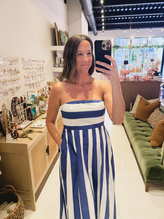 The Strapless Navy Striped Dress
