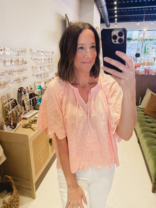 Peachy Pink Eyelet Scallop-Sleeve Top