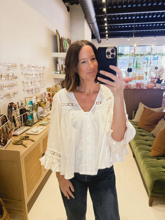 The White Lace Detail Ruffle Sleeve Blouse