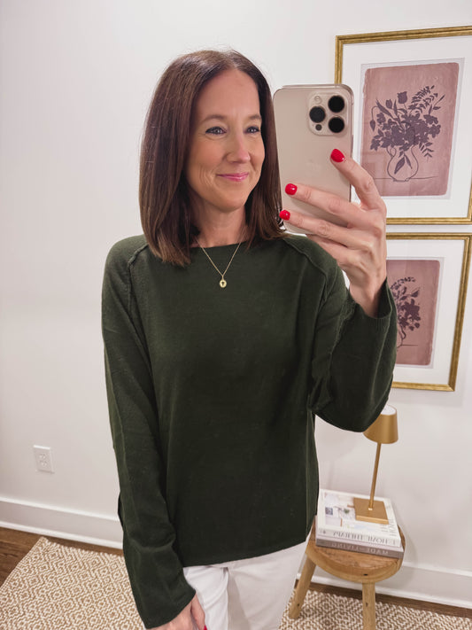 Deep Green Crew Neck Lightweight Sweater