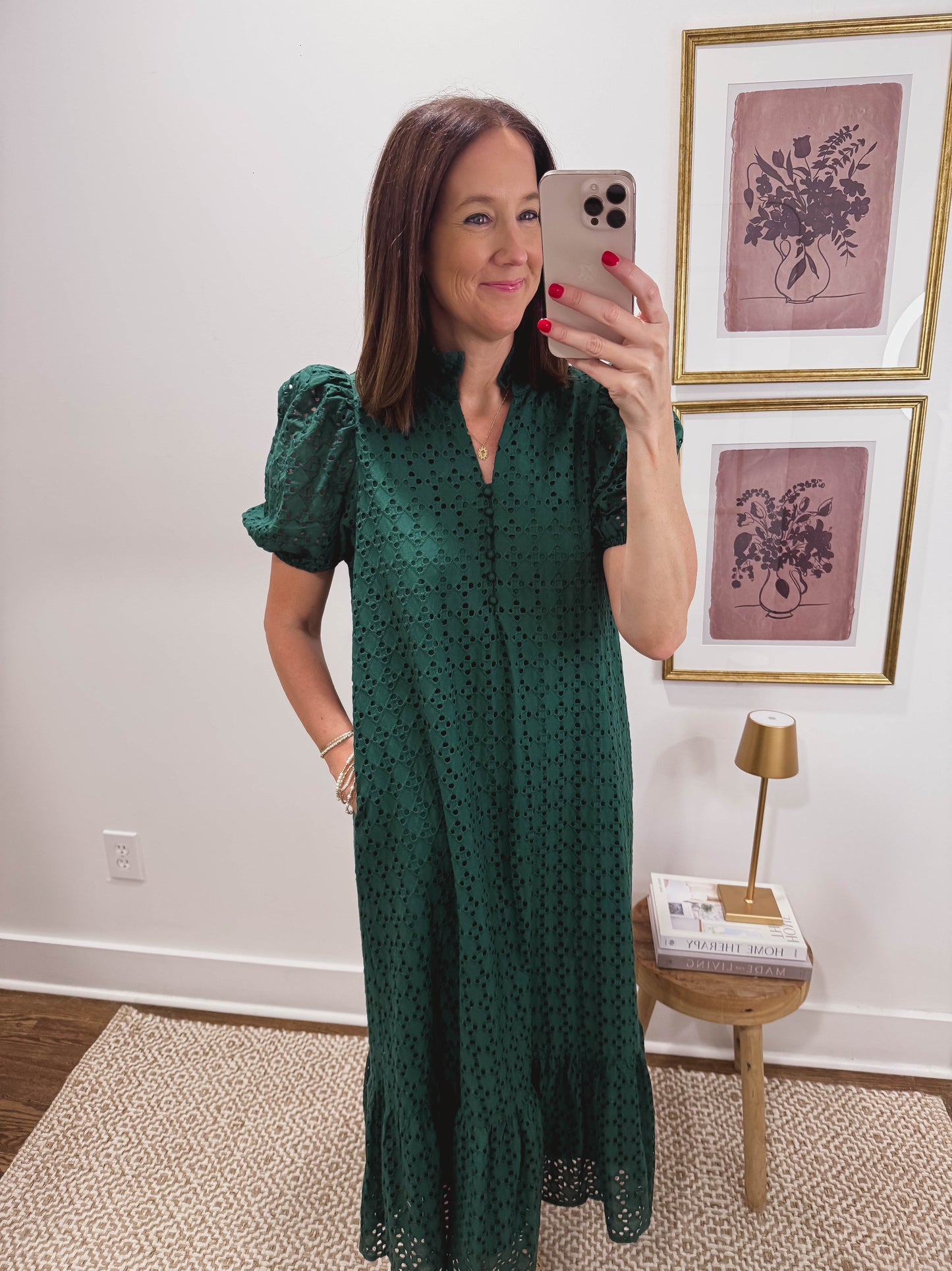 Meadow Eyelet Midi Dress in Forest Green