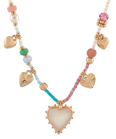 Multi Heart Charm Mixed Bead Necklace