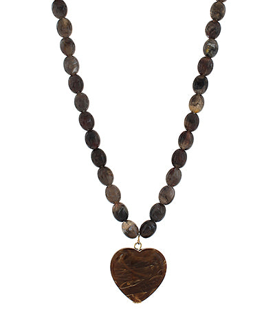 Bold Heart and Oval Bead Necklace in Tortoise Brown