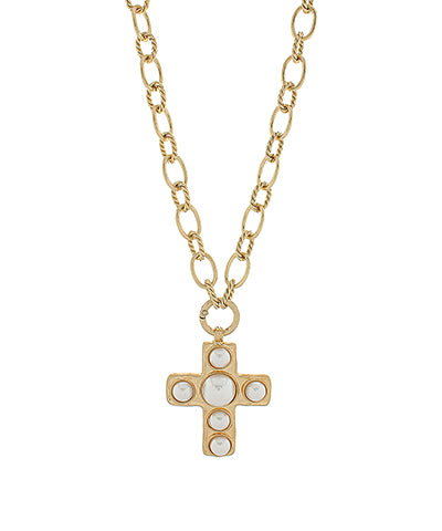Pave Pearl Cross Necklace