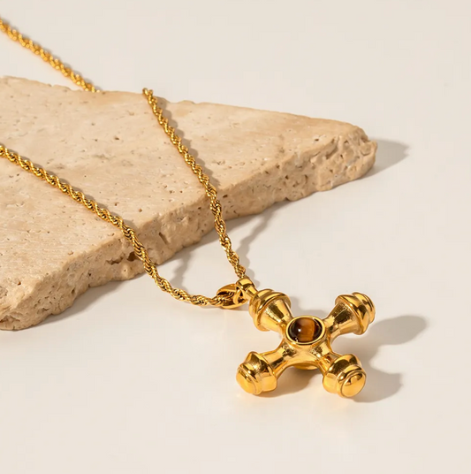 Gold Cross with Tiger Eye Pendant Necklace